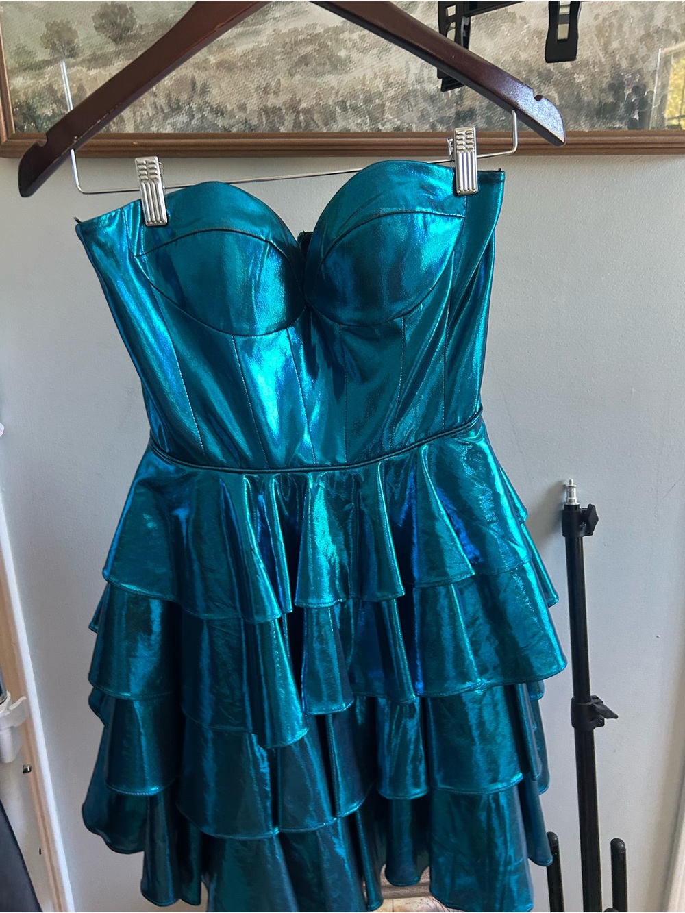 Sherri Hill Strapless Teal Metallic Ruffle Dress